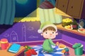 Illustration For Children: Hungry Boy Gets up to Steals some Food at Night, but was Caught in the Act! Royalty Free Stock Photo