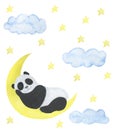 Children illustration watercolor animals sleep elephant hippo panda stars moon greeting card design scrapbooking stickers stickers
