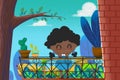 Illustration for Children: The Little Brown Girl with Black Curly hair in her Little Garden of Balcony.