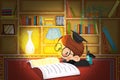 Illustration For Children: The Little Doctor is Reading and Thinking in the Study at Night. Royalty Free Stock Photo