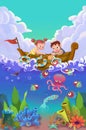 Illustration for Children: The Little Sister and Brother Feeding with Fishes on a Small Boat on the Sea. Royalty Free Stock Photo