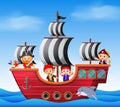 Children on pirate ship and ocean scene