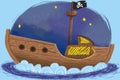 Illustration for Children: The Pirates Ship under the Starry Night.