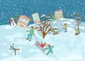 Illustration of a children playing in a snow with a a sled. father playing with children, with a snowman and winter birds