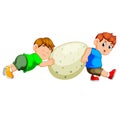 The children pull and move the big green dinosaur`s egg Royalty Free Stock Photo