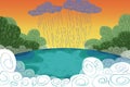 Illustration for Children: It Rains above a Lake inside the Forest! Royalty Free Stock Photo