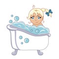 Illustration of a children`s bathroom, water procedures, a child is washed in a bathtub, a lot of foam, a happy girl takes a bath,