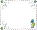 Illustration of a children\'s card frame with a seahorse and ants