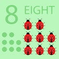 illustration of children`s card with number eight. The worksheet learns to count and write number and ladybugs