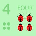 Illustration of children`s card with number four. The worksheet learns to count and write number and ladybugs
