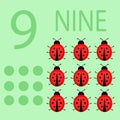 Illustration of children`s card with number nine. The worksheet learns to count and write number and ladybugs