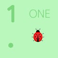 Illustration of children`s card with number one. The worksheet learns to count and write number and ladybugs