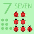 illustration of children`s card with number seven. The worksheet learns to count and write number and ladybugs