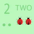 Illustration of children`s card with number two. The worksheet learns to count and write number and ladybugs