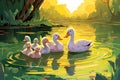 wildlife illustration, background picture, a family of white swans floating on a lake, generated by AI, generative assistant.