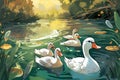 wildlife illustration, background picture, a family of ducks swimming on a lake, generated by AI, generative assistant.