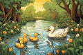 wildlife illustration, background picture, a family of ducks swimming on a lake, generated by AI, generative assistant.