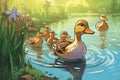 wildlife illustration, background picture, a family of ducks swimming on a lake, generated by AI, generative assistant.