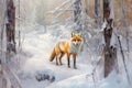 Wildlife Illustration, Background Picture, Red Fox On A Winter Road, Generated By AI, Generative Assistant.