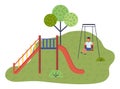 Children playground illustration. Child play on the swing. Summer leisure, vacation, holidays