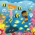 Illustration for children\'s puzzles in a cartoon style.Cute children aqua divers swim underwater near coral reefs.