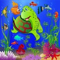 children`s underwater landscape with various aquatic plants and floating tropical fish and a turtle. Cartoon Royalty Free Stock Photo