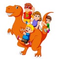 The children and some of them use the costume and they get into the Tyrannosaurus Rex`s body and then some of them holding his tai