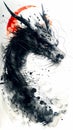 Illustration of Chinese brush painting of a dragon. Black ink lines drawn by master artist. It is a line that has weight, Royalty Free Stock Photo