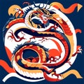 Illustration of a Chinese dragon on a blue background with a red ribbon Generative AI