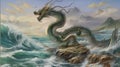 Chinese dragon on a rock in the sea Royalty Free Stock Photo
