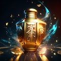 Illustration of chinese hieroglyphs on a golden bottle AI Generated