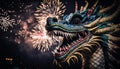 illustration chinese holiday new year .golden dragon with fire and fireworks on show .Generative AI Royalty Free Stock Photo