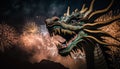 illustration chinese holiday new year .golden dragon with fire and fireworks on show .Generative AI Royalty Free Stock Photo