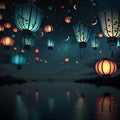 Illustration of chinese lanterns floating in the sky at night