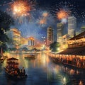 Illustration of Chinese metropolis fireworks shooting over the background of the night sky, many people, boats, water. New Y Royalty Free Stock Photo