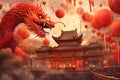 Festive illustration for Chinese New Year with a dragon and red lanterns near a temple Royalty Free Stock Photo