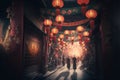 Illustration of chinese streets decorated with lanterns. Chinese new year concept. Generative AI Royalty Free Stock Photo