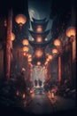 Illustration of chinese streets decorated with lanterns. Chinese new year concept. Generative AI Royalty Free Stock Photo