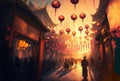 Illustration of chinese streets decorated with lanterns. Chinese new year concept. Generative AI Royalty Free Stock Photo