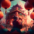 Illustration of Chinese temple and red Lanterns. Chinese New Year celebrations Royalty Free Stock Photo