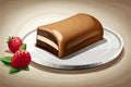 Illustration of a chocolate cake on a plate with strawberries in the background, cake slice, tasty dessert, generative ai Royalty Free Stock Photo