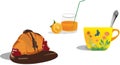 Illustration of a chocolate croissant, a glass of orange juice with a straw and a cup of tea