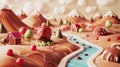 illustration of a chocolate land with hills and a river