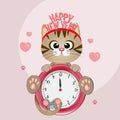 illustration of christmas card with kitten with new year clock Royalty Free Stock Photo