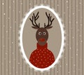 Illustration of Christmas deer in red jumper in patterned frame