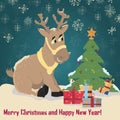 Illustration of a Christmas deer sitting among Christmas gifts f