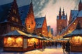 Illustration of Christmas fair, holiday cityscape. Christmas lights decorations of street in old europian town