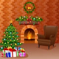 Christmas fireplace with xmas tree, presents, and sofa