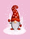 Illustration of a Christmas gnome on a background of a snowy forest for a postcard banner, textiles, decor. Scandinavian