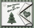 Christmas greeting card in a vintage scrapbooking style with stars and a christmastree and the words Merry christmas and Happy new Royalty Free Stock Photo